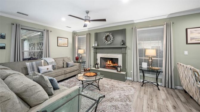 Fireplace, Interior, Living room, Recessed Lighting, Wood Texture Flooring