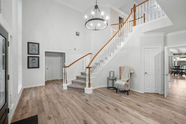Dining room, Interior, Pendant Lights, Wood Texture Flooring