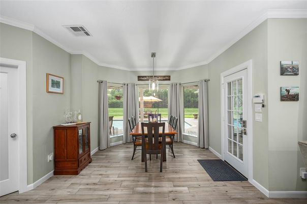 Dining room, Interior, Pendant Lights, Wood Texture Flooring