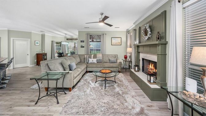 Fireplace, Interior, Living room, Pendant Lights, Wood Texture Flooring