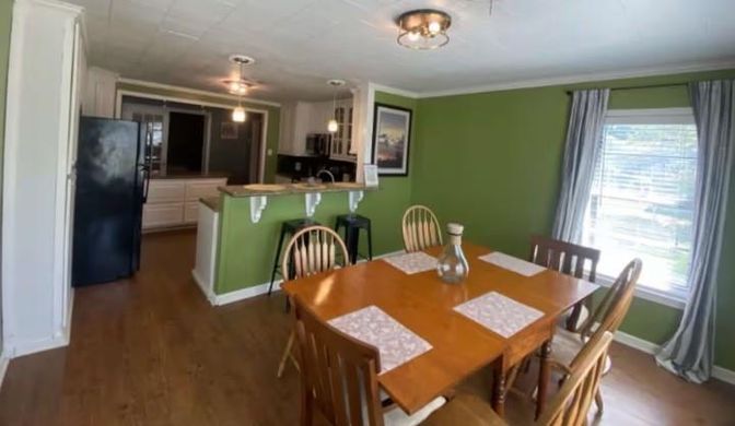 Dining room, Interior, Pendant Lights, Wood Texture Flooring