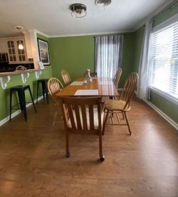 Dining room, Interior, Pendant Lights, Wood Texture Flooring