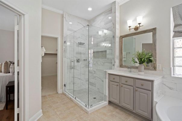 Bathroom, Dual Sink Vanities, Glass Shower, Interior, Marble Walls, Recessed Lighting