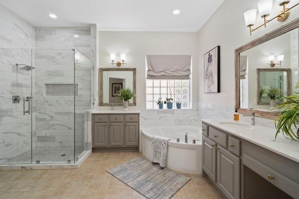 Bathroom, Dual Sink Vanities, Glass Shower, Interior, Marble Walls, Recessed Lighting