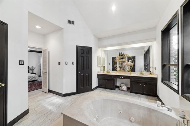 Bathroom, Dual Sink Vanities, Interior, Recessed Lighting, Wood Texture Flooring