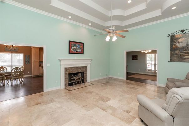 Chandelier, Dining room, Fireplace, Interior, Recessed Lighting