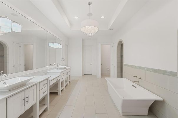 Bathroom, Chandelier, Dual Sink Vanities, Interior, Recessed Lighting