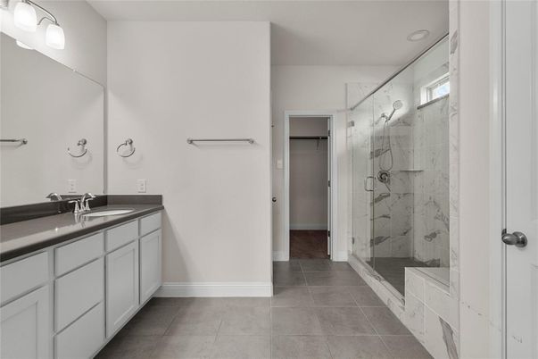 Bathroom, Dual Sink Vanities, Glass Shower, Interior, Marble Walls