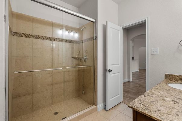 Bathroom, Glass Shower, Interior, Wood Texture Flooring