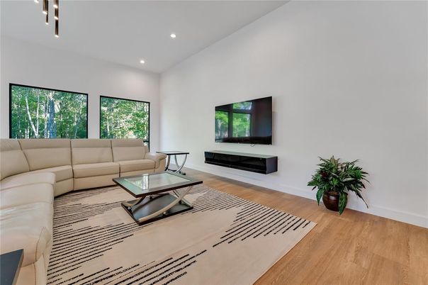 Fireplace, Interior, Living room, Recessed Lighting, Wood Texture Flooring