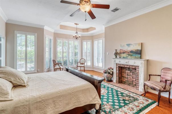 Bedroom, Chandelier, Fireplace, Interior, Wood Texture Flooring