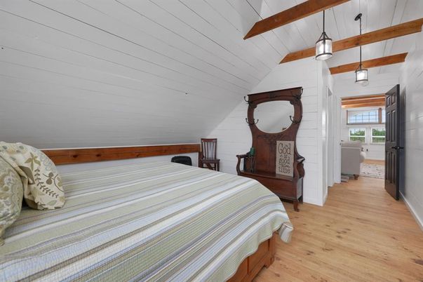 Bedroom, Interior, Pendant Lights, Wooden Beams, Wood Texture Flooring