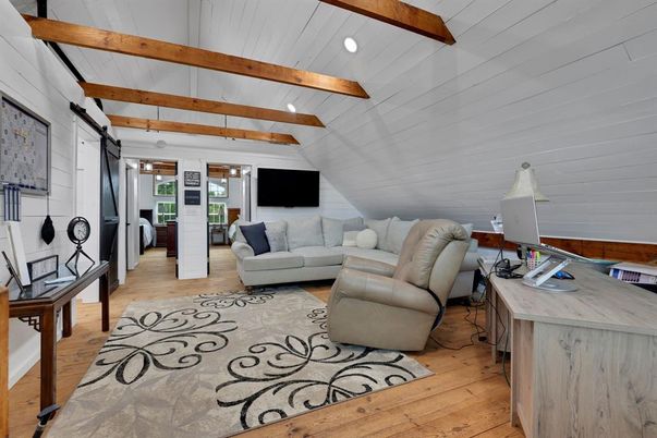 Home Office, Interior, Living room, Recessed Lighting, Wooden Beams, Wood Texture Flooring