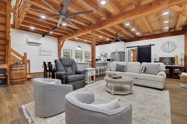 Dining room, Interior, Kitchen, Living room, Recessed Lighting, Stainless Steel Appliances, Wooden Beams, Wooden Ceilings, Wood Texture Flooring