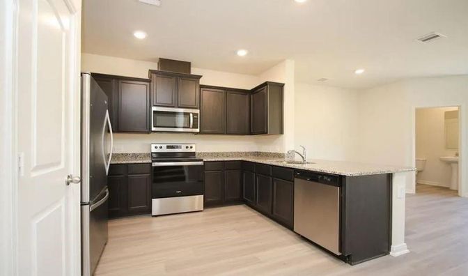 Interior, Kitchen, Recessed Lighting, Stainless Steel Appliances, Wood Texture Flooring