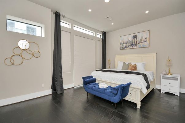 Bedroom, Interior, Recessed Lighting, Wood Texture Flooring