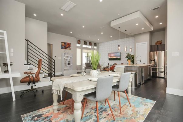 Dining room, Interior, Kitchen, Pendant Lights, Recessed Lighting, Stainless Steel Appliances, Wood Texture Flooring