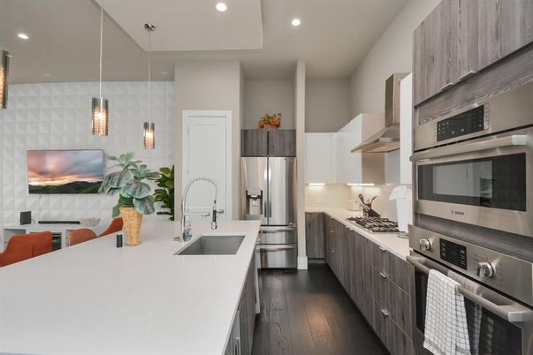 Interior, Kitchen, Pendant Lights, Recessed Lighting, Stainless Steel Appliances, Wood Texture Flooring