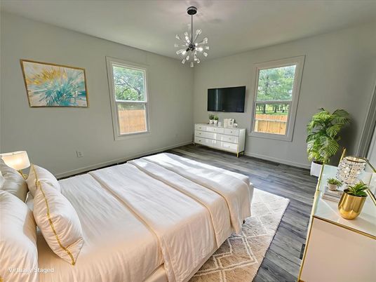 Bedroom, Interior, Pendant Lights, Wood Texture Flooring