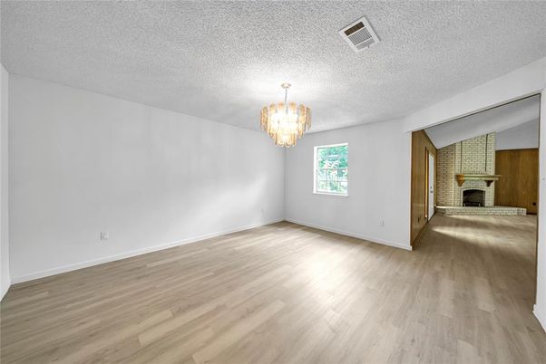 Chandelier, Empty room, Fireplace, Interior, Wood Texture Flooring