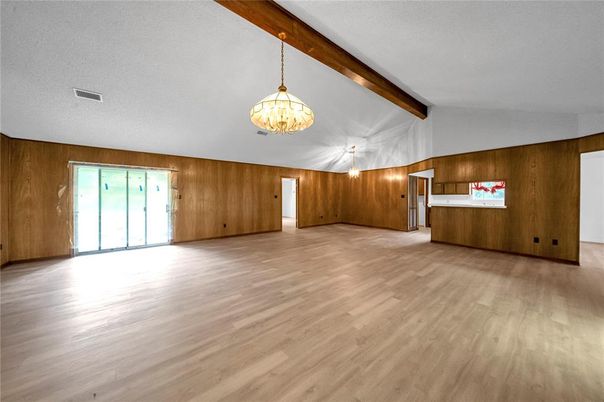 Chandelier, Empty room, Interior, Pendant Lights, Wooden Beams, Wood Texture Flooring, Wooden Walls