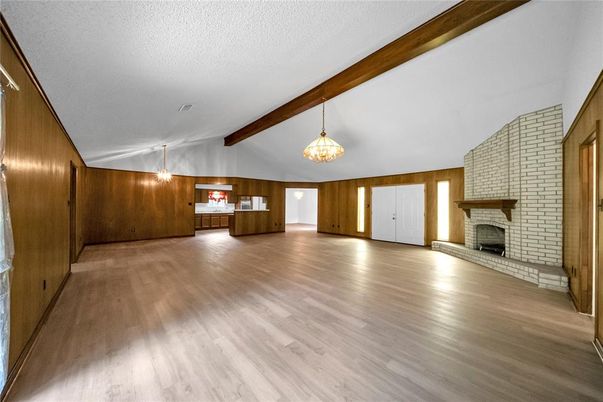 Empty room, Fireplace, Interior, Pendant Lights, Wooden Beams, Wood Texture Flooring, Wooden Walls