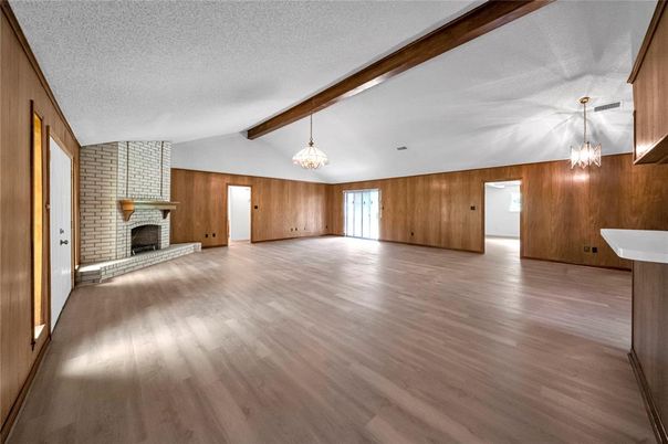 Chandelier, Empty room, Fireplace, Interior, Wooden Beams, Wood Texture Flooring, Wooden Walls