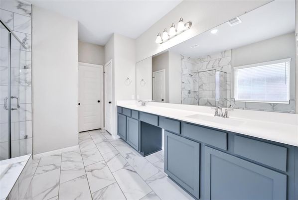 Bathroom, Dual Sink Vanities, Glass Shower, Interior, Marble, Marble Walls, Recessed Lighting
