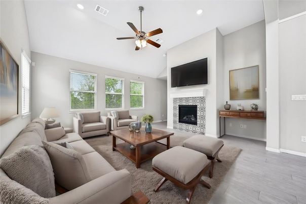 Fireplace, Interior, Living room, Recessed Lighting, Wood Texture Flooring