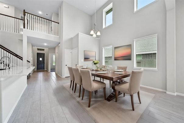 Dining room, Interior, Pendant Lights, Recessed Lighting, Wood Texture Flooring