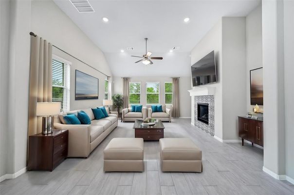 Fireplace, Interior, Living room, Recessed Lighting, Wood Texture Flooring