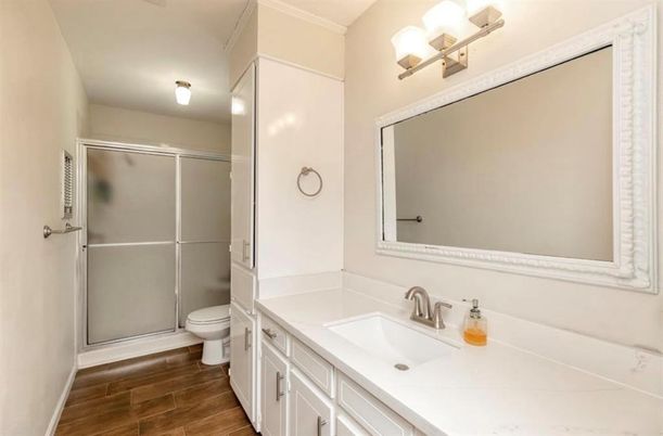 Bathroom, Glass Shower, Interior, Wood Texture Flooring