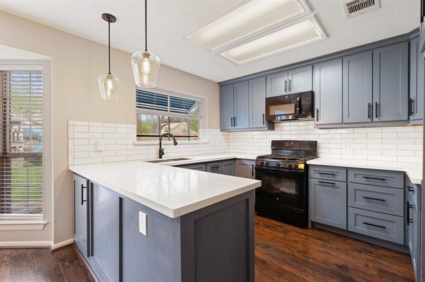 Interior, Kitchen, Pendant Lights, Stainless Steel Appliances, Wood Texture Flooring