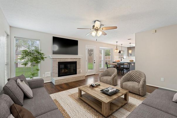 Dining room, Fireplace, Interior, Kitchen, Living room, Pendant Lights, Wood Texture Flooring