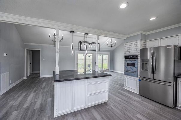 Chandelier, Interior, Kitchen, Recessed Lighting, Stainless Steel Appliances, Wood Texture Flooring