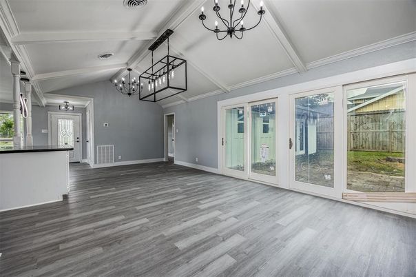 Chandelier, Empty room, Interior, Wood Texture Flooring