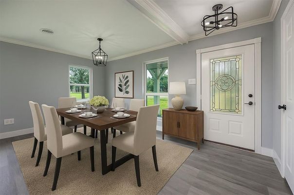 Dining room, Interior, Pendant Lights, Wood Texture Flooring