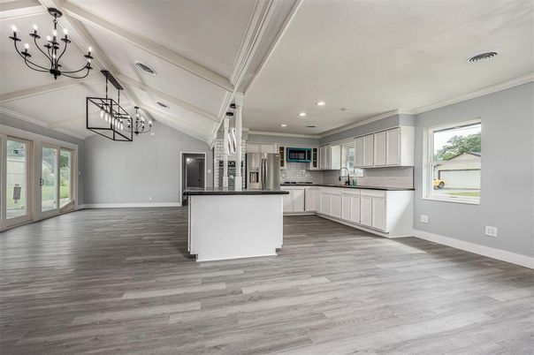 Chandelier, Interior, Kitchen, Pendant Lights, Recessed Lighting, Wood Texture Flooring