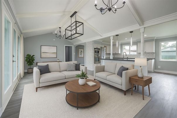 Chandelier, Interior, Kitchen, Living room, Pendant Lights, Recessed Lighting, Stone Walls, Wood Texture Flooring