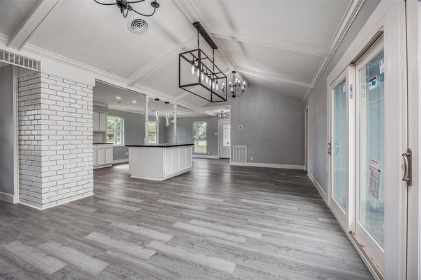 Chandelier, Empty room, Interior, Pendant Lights, Recessed Lighting, Wood Texture Flooring