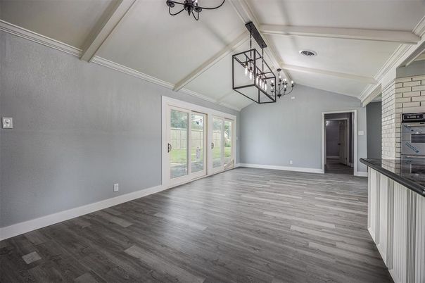 Empty room, Interior, Pendant Lights, Wood Texture Flooring