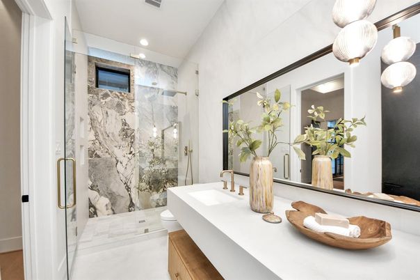 Bathroom, Glass Shower, Interior, Marble Walls, Recessed Lighting