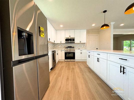 Interior, Kitchen, Pendant Lights, Recessed Lighting, Stainless Steel Appliances, Wood Texture Flooring