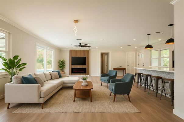 Fireplace, Interior, Living room, Pendant Lights, Recessed Lighting, Wood Texture Flooring