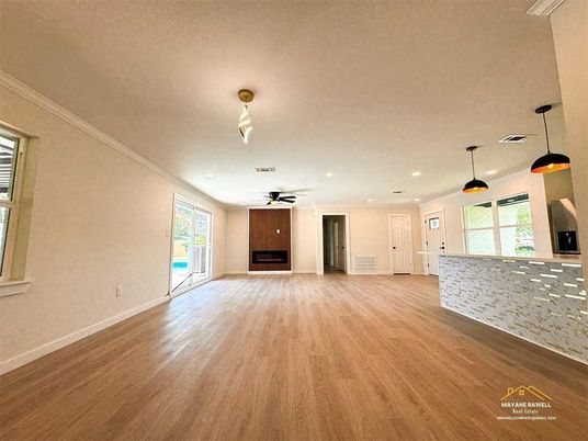 Empty room, Interior, Pendant Lights, Recessed Lighting, Wood Texture Flooring