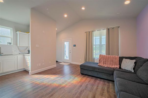 Interior, Kitchen, Living room, Recessed Lighting, Wood Texture Flooring