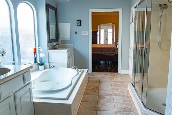 Bathroom, Glass Shower, Interior, Wood Texture Flooring