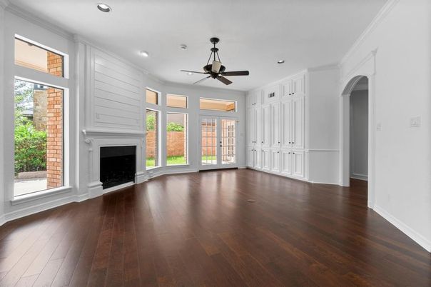 Empty room, Fireplace, Interior, Recessed Lighting, Wood Texture Flooring