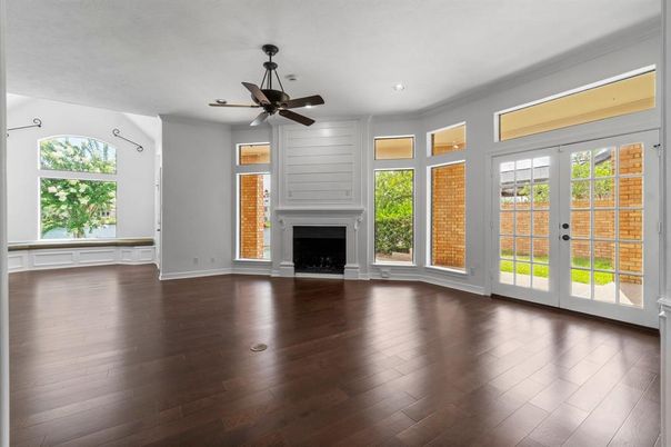 Empty room, Fireplace, Interior, Recessed Lighting, Wood Texture Flooring