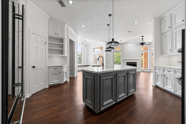 Interior, Kitchen, Pendant Lights, Recessed Lighting, Wood Texture Flooring
